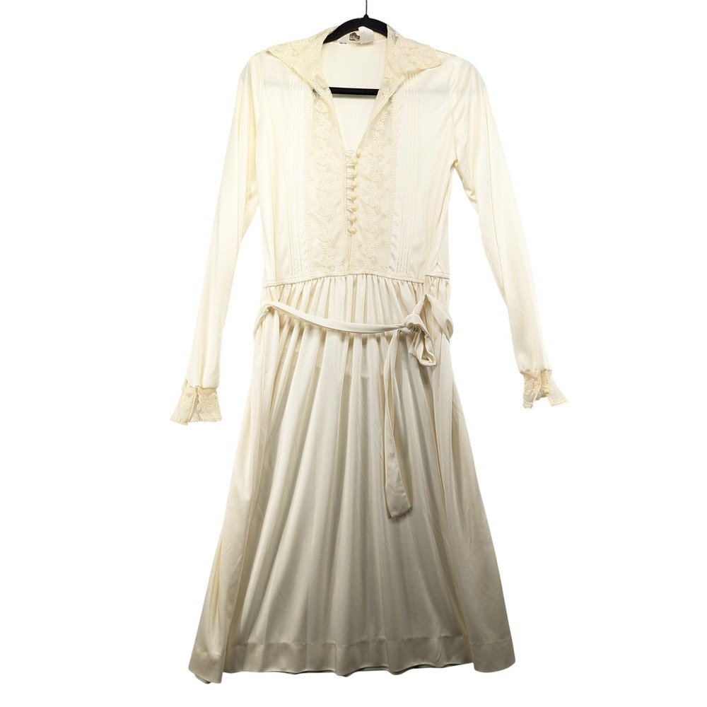 Vintage Montgomery Ward‎ Cream Lace Pintuck Midi Dress Long Sleeve Ivory 10T